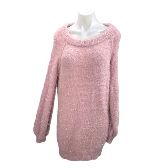 Easel Pink Metallic Knit Pullover Long Sleeve Boat Neck Mini Sweater Dress Sz S - Picture 1 of 4